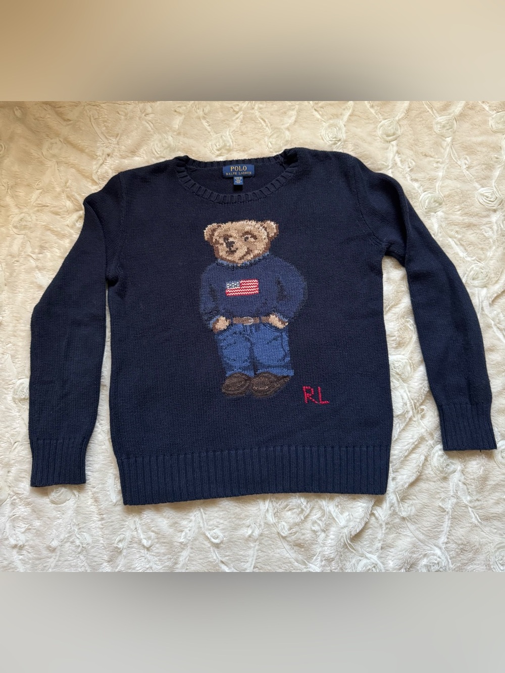 Polo Ralph Lauren Navy Bear Intarsia Crewneck Sweater (boy’s medium/women’s xs)